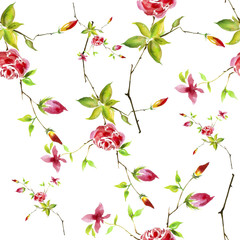 Panele Szklane  Vintage wzór akwarela - kwiaty, gałęzie róż z pąkami, liście. Bezszwowe tło.