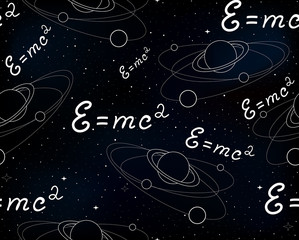 Obraz premium Space vector seamless pattern with physical speed of light formula, planets and stars on starry sky background. Endless texture. You can use any color of background