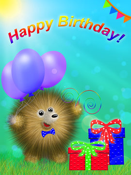 fictional cartoon character, like a hedgehog, standing on the grass with gifts and colored balloons and inscription Happy Birthday