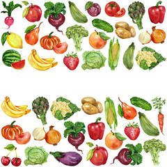 Watercolor set with fruits and vegetables
