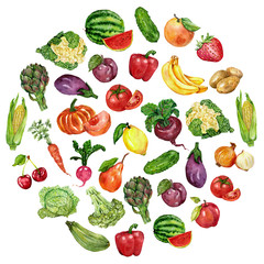Watercolor set with fruits and vegetables