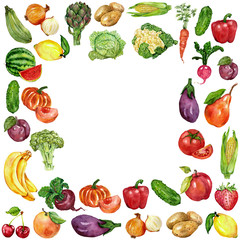 Watercolor set with fruits and vegetables