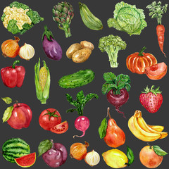 Watercolor set with fruits and vegetables