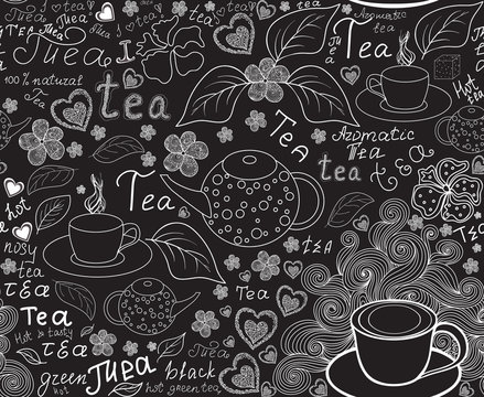 Food and drink vector seamless pattern with tea cups, teapots, tea leaves and words "tea", handwritten by chalk on grey board