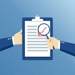 Businessman hands holding magnifier and clipboard, hand with a magnifying glass analysis paper sheet