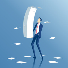 employee carries a large stack of papers and sheets of paper fly, business concept paper work and workload - obrazy, fototapety, plakaty