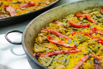 Traditional spanish dish paella with prawns and mussels