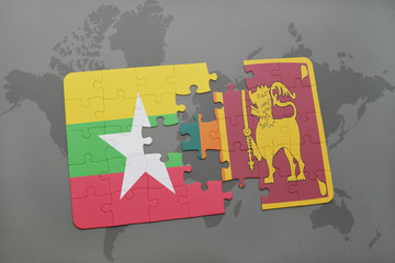 Obraz premium puzzle with the national flag of myanmar and sri lanka on a world map background.