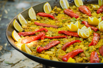 Traditional spanish dish paella with prawns and mussels