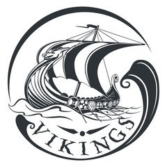 Drakkar, boat Viking, vintage sailing warship, vector illustrati © laleks
