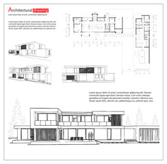 Wireframe blueprint drawing of 3D building, house. Vector architectural template background.