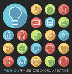 Multimedia Minimalistic Thin Line Icons on Circular Colored Buttons.