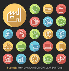 Business Minimalistic Thin Line Icons on Circular Colored Buttons.