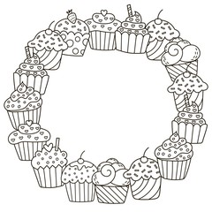 Black and white frame with cute cupcakes for coloring book