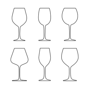 Various wine glasses - outline. Isolated on white background. Vector illustration.