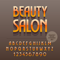 Set of slim reflective metallic alphabet letters, numbers and punctuation symbols. Vector bright label with text Beauty salon. File contains graphic styles