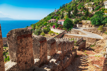 Fototapeta na wymiar Beautiful sea landscape of Alanya Castle in Antalya district, Turkey, Asia. Famous tourist destination with high mountains. Summer bright day and sea shore