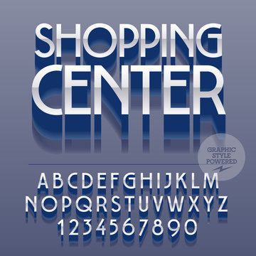 Set of slim glossy metal alphabet letters, numbers and punctuation symbols. Vector reflective logotype with text Shopping center. File contains graphic styles