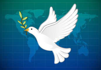 Peace dove with olive branch over a world map