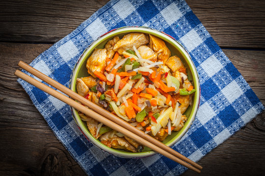 Bowl of fried chicken with vegetables.