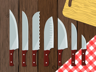 Set of knives on the table, vector illustration
