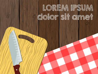 Kitchen logo blank, knife on cutting board the wooden table with tablecloth