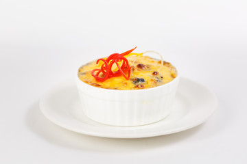 A beautiful meat dish on a white background