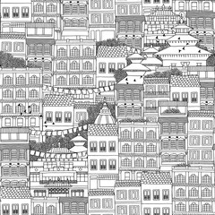 Hand drawn seamless pattern of Nepalese style houses with with Buddhist temple roofs
