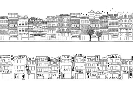 Two hand drawn seamless city banners of Asian cities - Nepalese and Japanese style houses