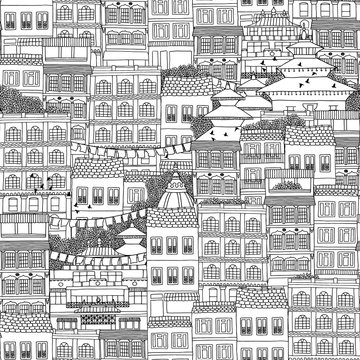 Hand drawn seamless pattern of Nepalese style houses with with Buddhist temple roofs