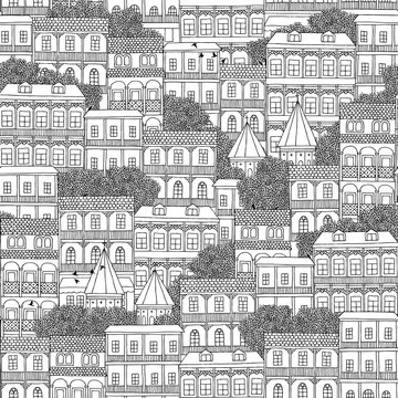 Hand drawn seamless pattern of Georgian style houses with balconies (Tbilisi)
