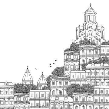 Tbilisi, Georgia - hand drawn black and white illustration with space for text