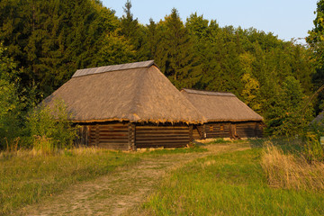 Old houses and mill at the Museum of Pirogovo. Ukraine