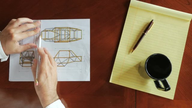 Overhead of engineer designing by hand with protractor and paper