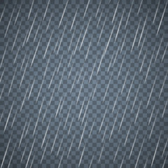 Transparent rain drops isolated on dark blue background. Dense rain with scattered water drops. Vector.