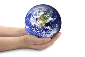 Hands holding earth on a isolated background. Environmentally friendly. The planet earth image provided by NASA.