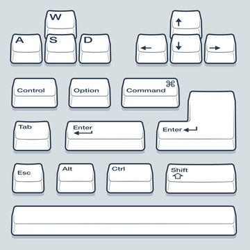 Isometric Computer line Art Keyboard Keys Including Alt, Control, Shift, Enter and Arrow Keys