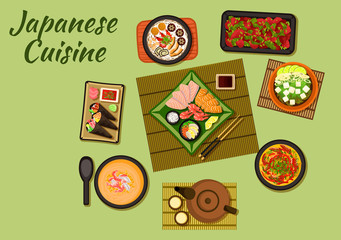 Japanese cuisine with sushi and soups