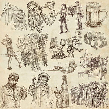 Drinking people. Drink. Alcohol.Collection of an hand drawing illustrations. Pack of full sized hand drawn illustrations. Set of freehand sketches. Line art technique. Drawing on paper background.