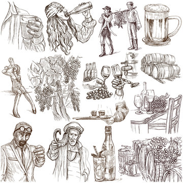 Drinking people. Drink. Alcohol.Collection of an hand drawing illustrations. Pack of full sized hand drawn illustrations. Set of freehand sketches. Line art technique. Drawing on white background.