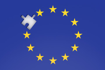 EU crisis: missing puzzle piece in EU flag, 3d illustration