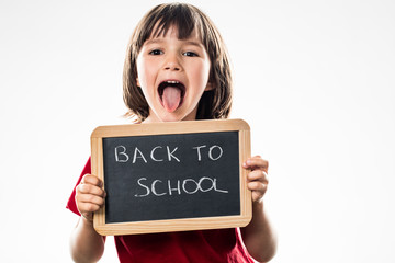 funny beautiful preschool kid making face for back to school