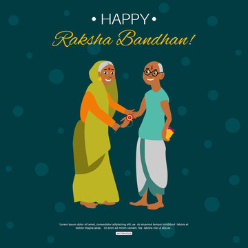 Old happy brother and sister celebrating Raksha Bandhan tying rakhi. Indian traditional holiday background. Vector eps 10 format.