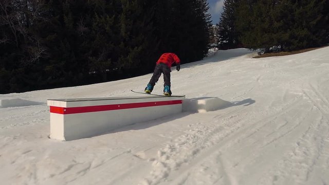 snowboarder sliding on boardslide backwards slow motion