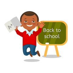 Cheerful African American schoolboy showing perfect test results. Cartoon student has received a good mark at school. Vector eps 10 format.