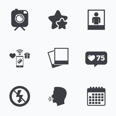 Photo camera icon. No flash light sign.