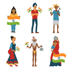 India independence day. Happy Indians celebrate national holiday. Cartoon isolated indian people on white background in traditional dress. Vector eps 10 format.