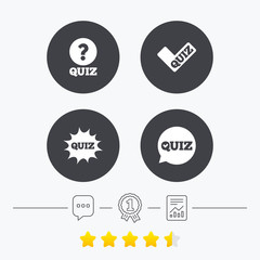 Fototapeta premium Quiz icons. Speech bubble with check mark symbol