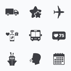 Transport icons. Truck, Airplane, Bus and Ship.