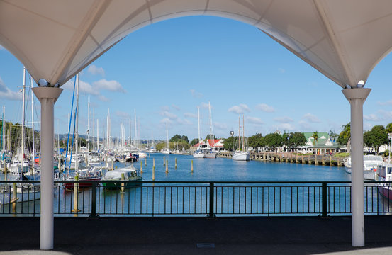 Whangarei town basin and marina, viewed from the canopy bridge, in Northland, New Zealand, NZ.